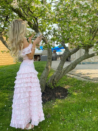 Pretty Floral Off Shoulder Two-Piece Prom Dress Ruffled Tiered Maxi Skirt Set,WGP2168