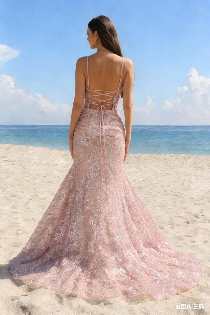 Elegant Pink Mermaid Prom Gown Lace Applique Sheer Corset Bodice Sparkling Beach Party,WGP2083
