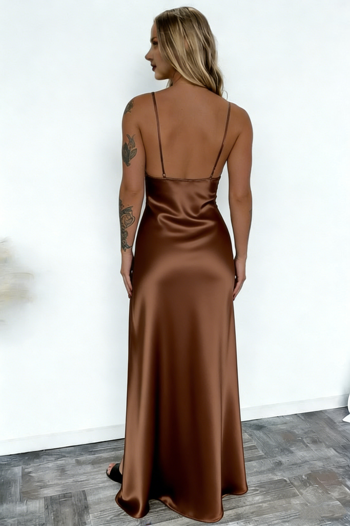 Elegant Brown Satin Prom Dress Sexy Ruched Bust Sleeveless High Slit Long Gown,WGP2070
