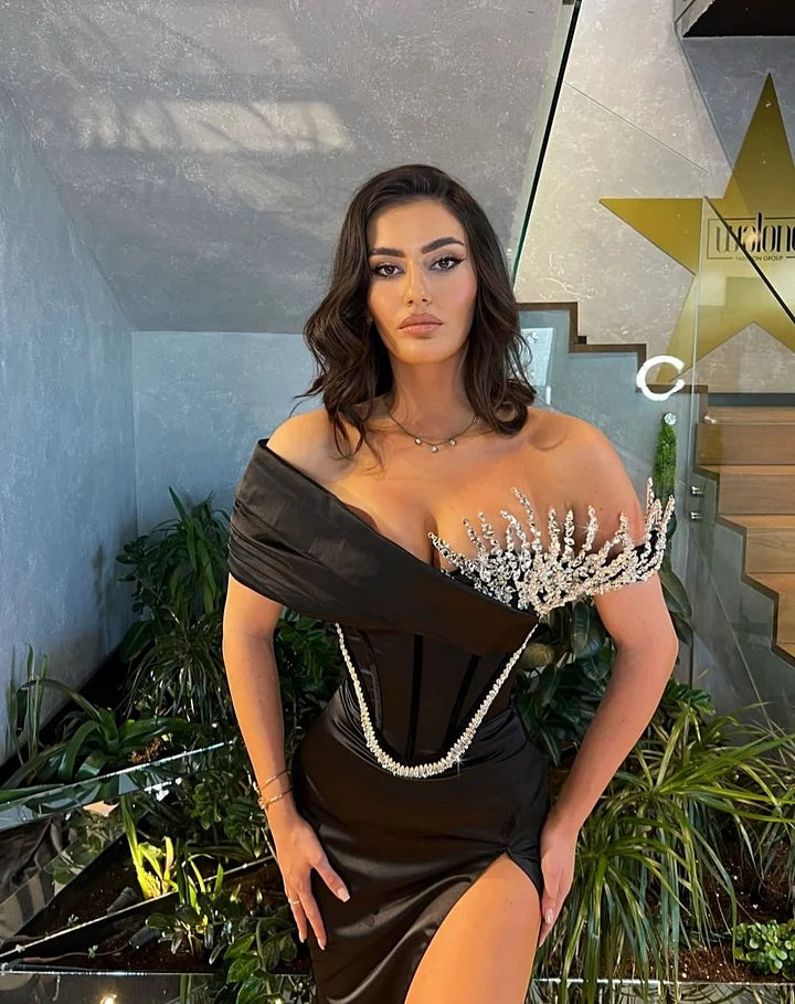 Sexy Black Off-Shoulder Mermaid Side Slit Long Prom Dress Ideas, Evening Party Dresses,WGP1964