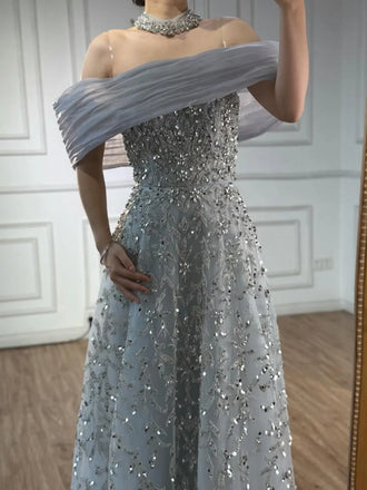Elegant Blue Off-Shoulder Mermaid Long Prom Dress Ideas, Evening Party Dresses,WGP1914