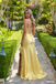 Classy Yellow Satin Strapless Prom Gown Modern Cowl Neck High Slit Corset Party Dress,WGP2094