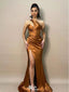 Elegant Gold One-Shoulder Mermaid Side Slit Long Prom Dress Ideas, Evening Party Dresses,WGP1939