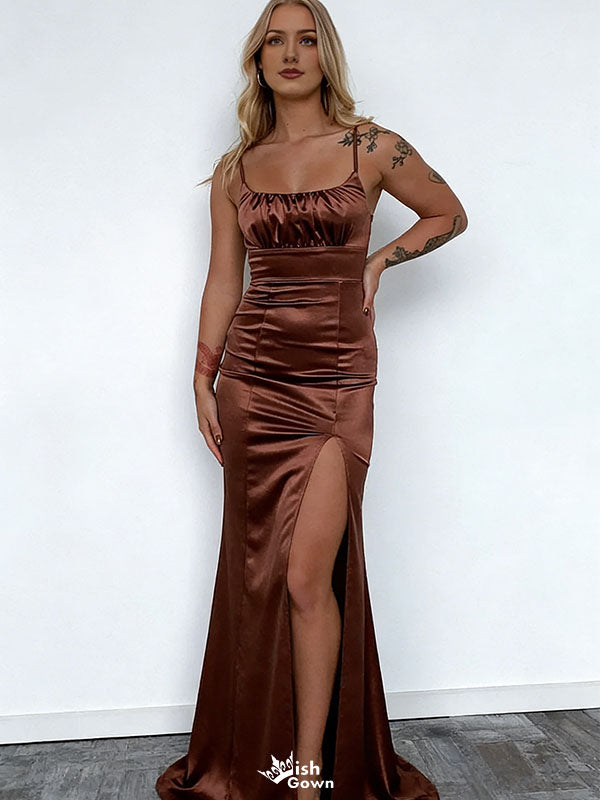 Elegant Brown Satin Prom Dress Sexy Ruched Bust Sleeveless High Slit Long Gown,WGP2070