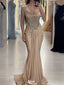 Sexy Champagne Spaghetti Strap Mermaid Long Prom Dress Ideas, Evening Party Dresses,WGP1883