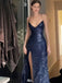 Shiny Blue Spaghetti Strap Mermaid Side Slit Long Prom Dress Ideas, Evening Party Dresses , WGP1580