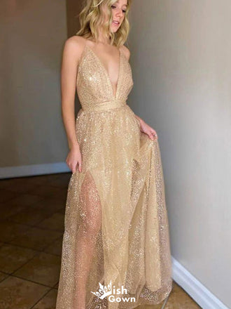Sexy Deep V-neck A-line Long Prom Dress Ideas, Evening Party Dresses,WGP1368