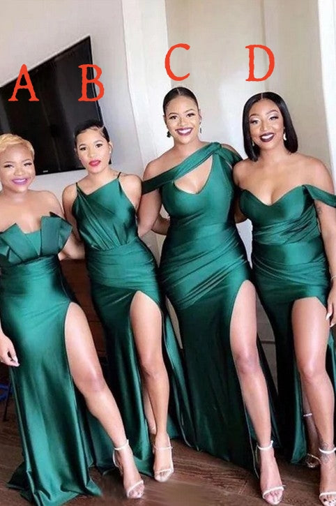 Simple Green Mismatched Sleeveless Mermaid Side Slit Long Bridesmaid Dresses Online , WGM417