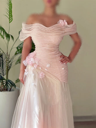Elegant Pink Off-Shoulder A-Line Long Prom Dress Ideas, Evening Party Dresses,WGP1837
