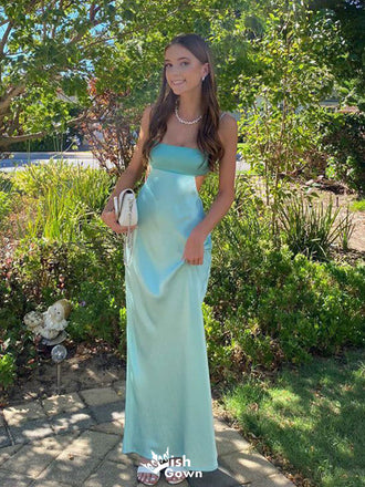 Modern Teal Satin Cutout Evening Gown Sleeveless Square Neck Backless Formal Prom Dress,WGP2106