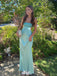 Modern Teal Satin Cutout Evening Gown Sleeveless Square Neck Backless Formal Prom Dress,WGP2106