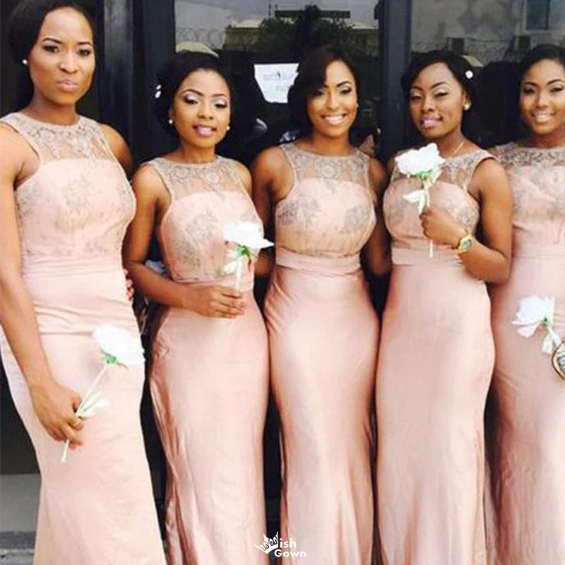 Elegant Pink Lace One-Shoulder Sleeveless Mermaid Long Bridesmaid Dresses Online, WGM427