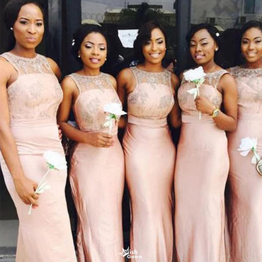 Elegant Pink Lace One-Shoulder Sleeveless Mermaid Long Bridesmaid Dresses Online, WGM427