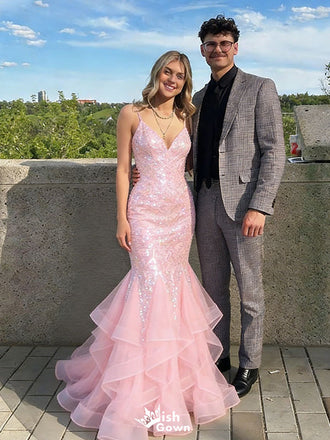 Sexy Pink Sequin Mermaid Prom Dress with Ruffled Tulle Bottom and V-Neck Sparkly Gown,WGP2099