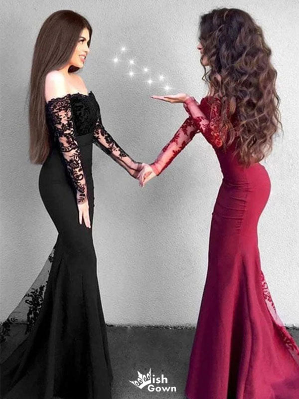 Sexy Black Long Sleeve Mermaid Lace Applique Long Prom Dress Ideas, Evening Party Dresses,WGP1687