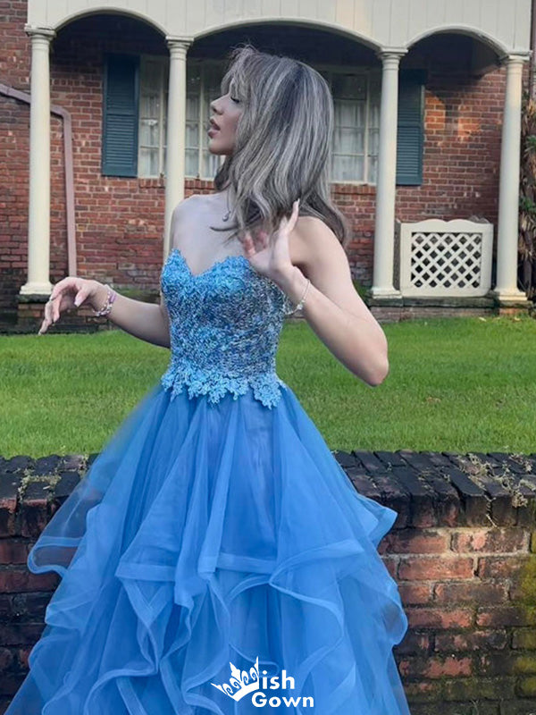 Elegant Strapless Sweetheart Lace A-line Long Prom Dress Ideas, Evening Party Dresses,WGP1451