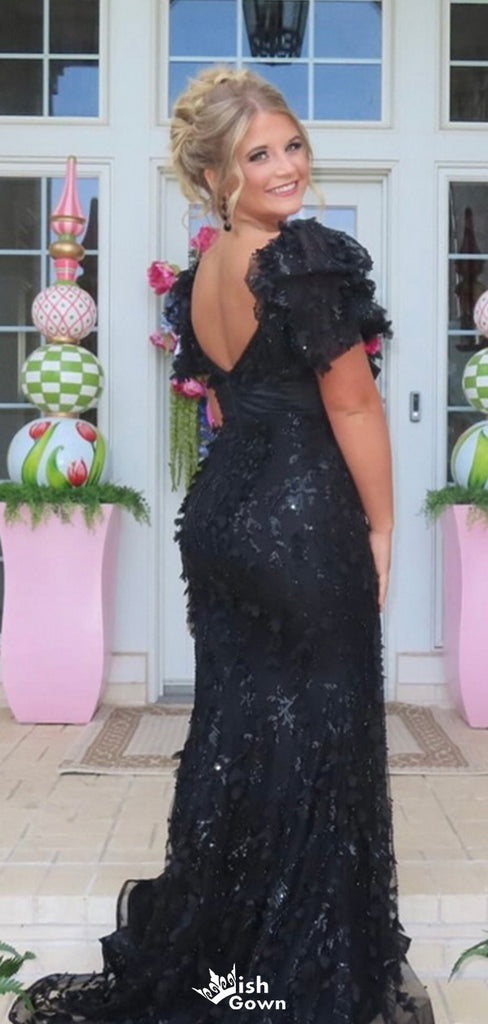 Formal Short Sleeves Unique Lace Mermaid Long Prom Dress Ideas, Evening Party Dresses,WGP1472