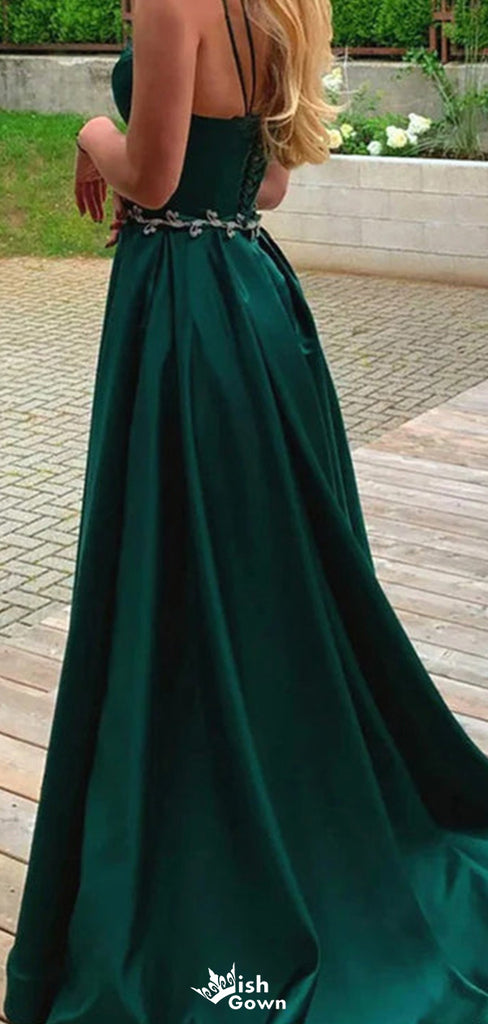 Elegant Spaghetti Strap V-neck A-line Long Prom Dress Ideas, Evening Party Dresses,WGP1488