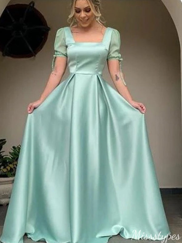 Elegant Square Short Sleeves A-line Long Prom Dress Ideas, Evening Party Dresses,WGP1489