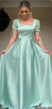 Elegant Square Short Sleeves A-line Long Prom Dress Ideas, Evening Party Dresses,WGP1489