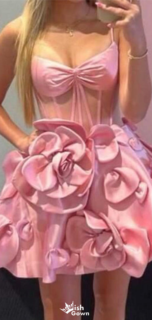 Elegant Spaghetti Strap V-neck Pink A-line Short Mini Homecoming Dress,EPT364