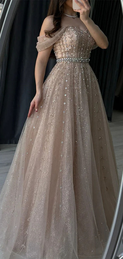 Elegant Pink Off-Shoulder A-Line Long Prom Dress Ideas, Evening Party Dresses,WGP1916