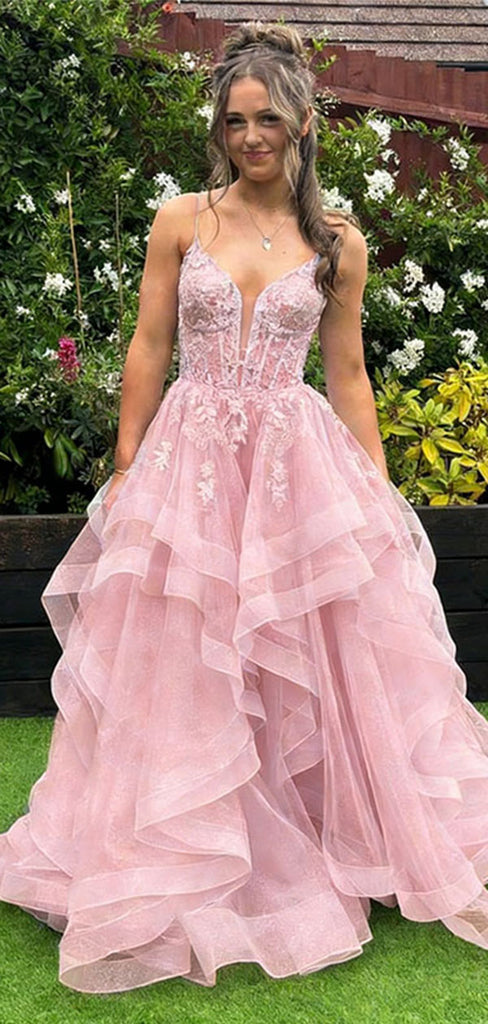 Beautiful Blush Pink Lace Prom Dress V-Neck Spaghetti Straps Ruffled Tulle Ball Gown,WGP2053