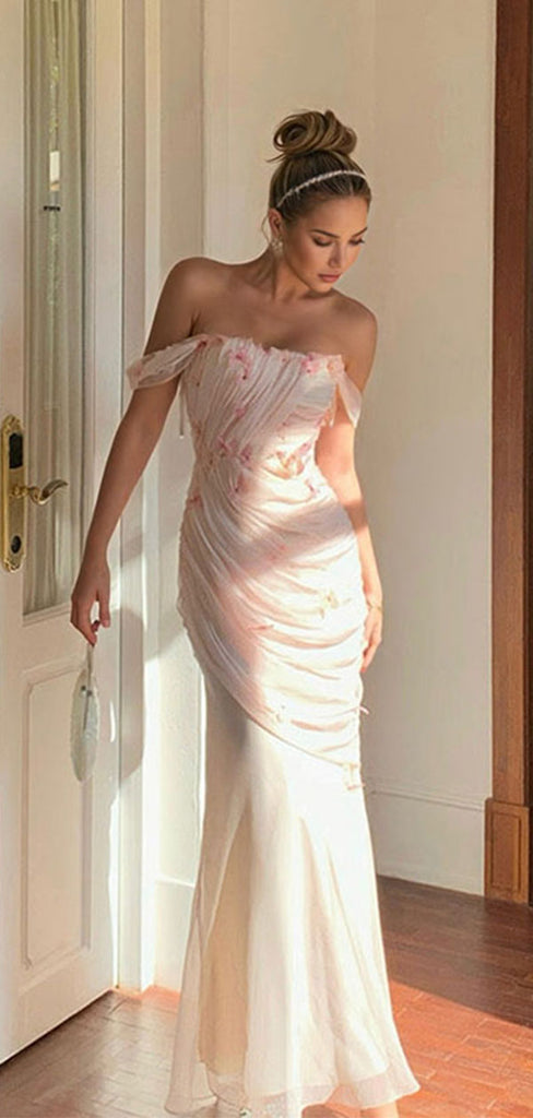 Floral Pink Off-Shoulder Mermaid Long Prom Dress Ideas, Evening Party Dresses,WGP1955