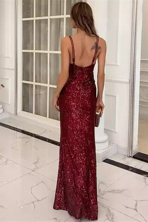 Sexy V-Neck Sparkly Burgundy Sequin Side Slit Evening Dresses,Long Prom Dresses,WGP2066