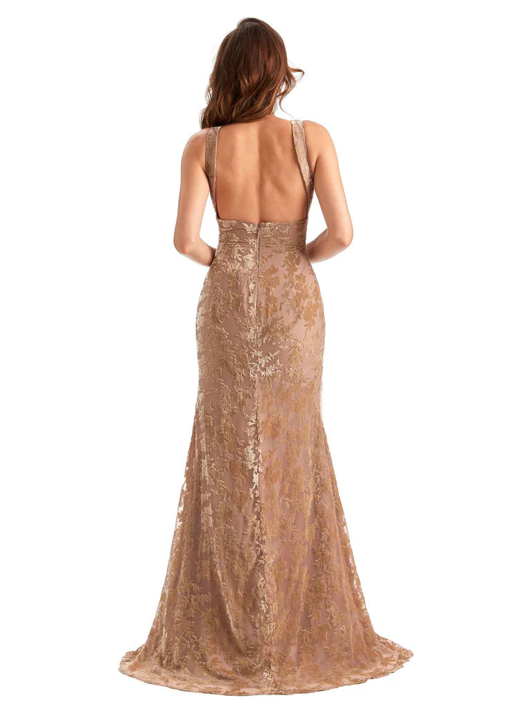 Unique Gold V-Neck Mermaid Side Slit Long Prom Dress Ideas, Evening Party Dresses,WGP1706