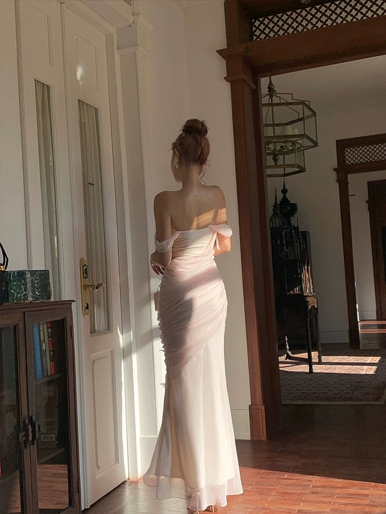 Floral Pink Off-Shoulder Mermaid Long Prom Dress Ideas, Evening Party Dresses,WGP1955