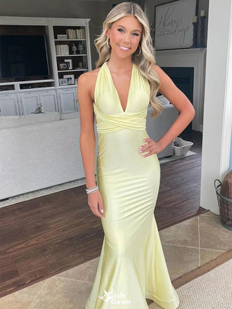 Pretty Pale Yellow V-Neck Prom Gown Sexy Crisscross Waistband Satin Mermaid Fit,WGP2107