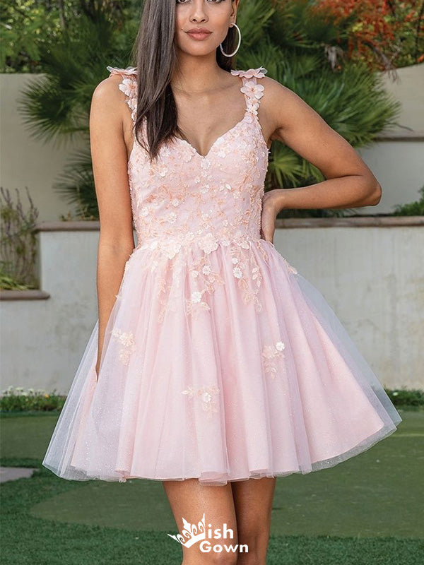 Gorgeous Spaghetti Strap V-neck A-line Short Mini Homecoming Dress,EPT414