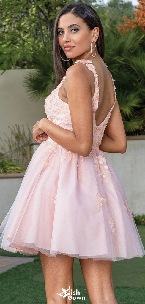 Gorgeous Spaghetti Strap V-neck A-line Short Mini Homecoming Dress,EPT414