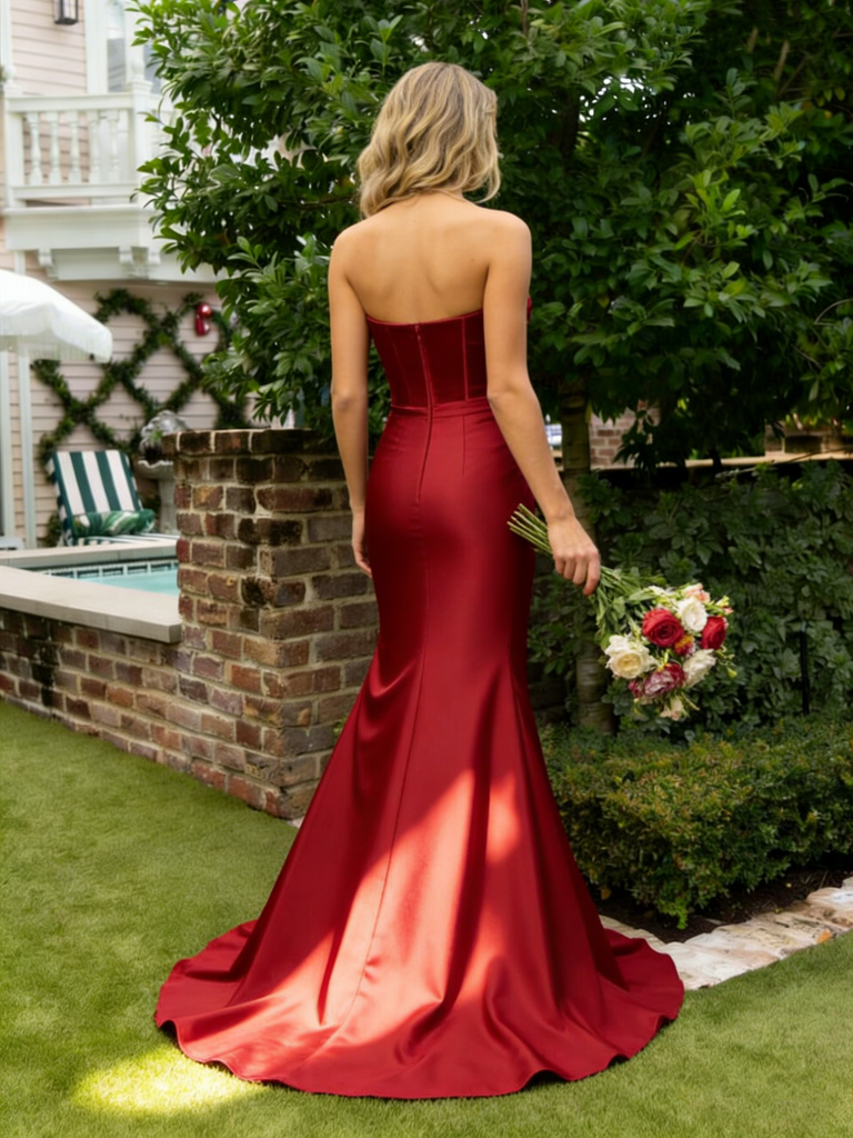 Fancy Dark Red Strapless Corset Prom Dress Beautiful Ruched Satin Floor Length Gown,WGP2095