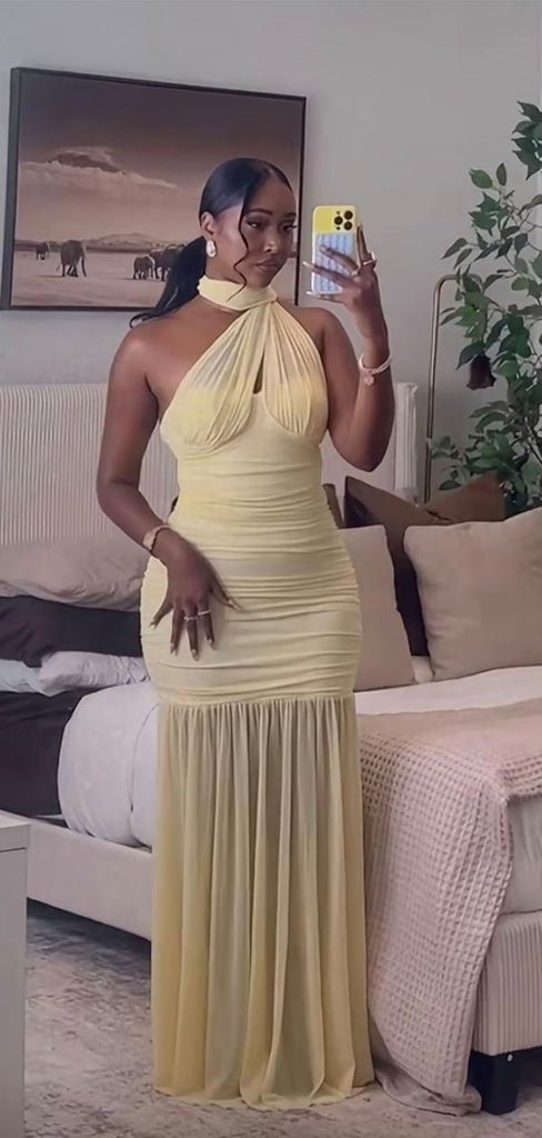 Unique Yellow High Neck Mermaid  Long Prom Dress Ideas, Evening Party Dresses,WGP1804