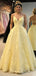 Unique Yellow Lace Ball Gown Prom Dress Pretty V-Neck Spaghetti Strap Puffy Party Dress,WGP2091