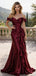 Elegant Burgundy Off Shoulder Satin Shimmer Prom Dress with Ruffled Slit,WGP2119
