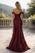 Elegant Burgundy Off Shoulder Satin Shimmer Prom Dress with Ruffled Slit,WGP2119