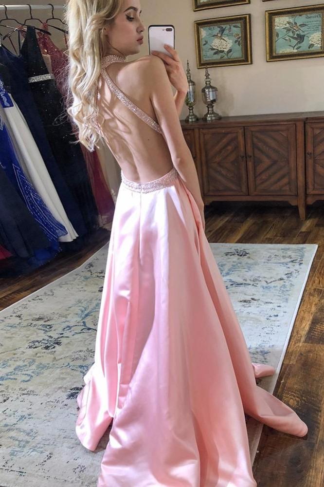 Elegant Pink High-Neck A-Line Long Prom Dress Ideas, Evening Party Dresses,WGP1846