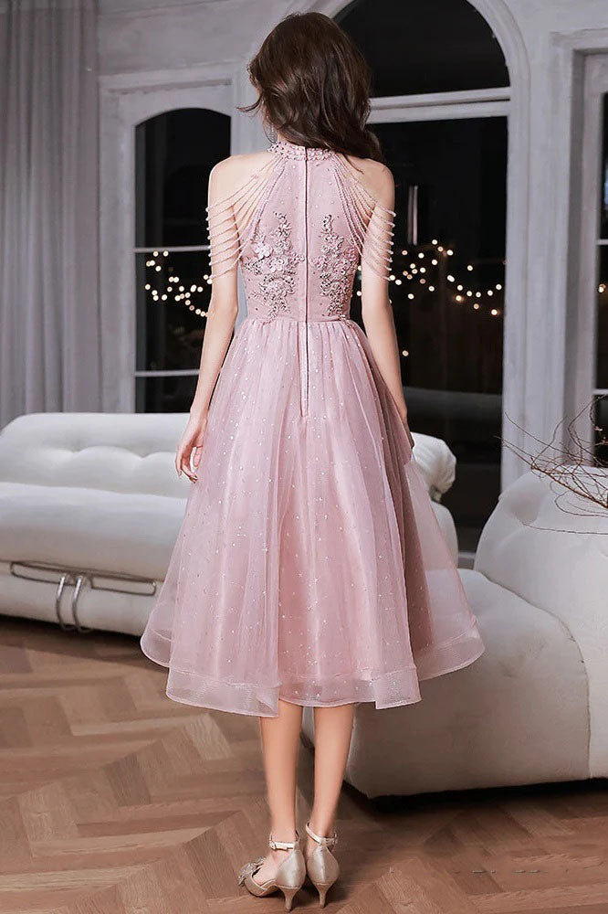 Sparkly Applique Pink Halter A-Line Long Prom Dress Ideas, Evening Party Dresses,WGP1917