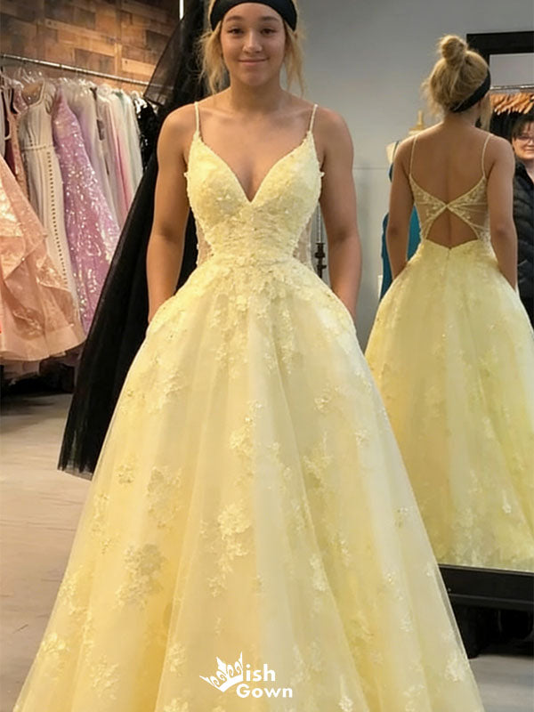 Unique Yellow Lace Ball Gown Prom Dress Pretty V-Neck Spaghetti Strap Puffy Party Dress,WGP2091