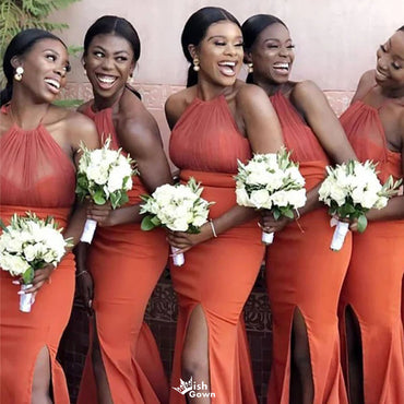 Sexy Orange Lace Halter Sleeveless Mermaid Long Bridesmaid Dresses Online, WGM429