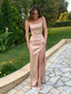 Classy Champagne Satin Prom Dress Sexy Spaghetti Strap High Slit Ruched Formal Gown,WGP2072
