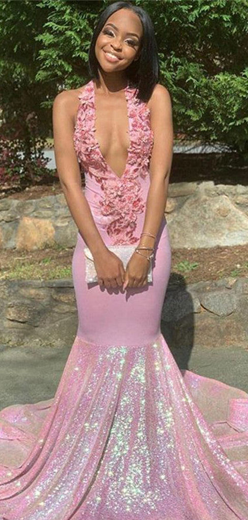 Sexy Floral Pink V-Neck Mermaid Long Prom Dress Ideas, Evening Party Dresses,WGP1906