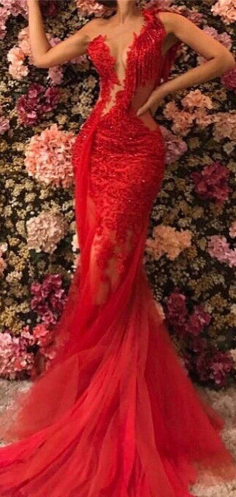 Unique Red Mermaid Lace Long Prom Dress Ideas, Evening Party Dresses,WGP1887