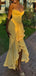 Elegant Yellow Spaghetti Strap Mermaid High Low Prom Dress Ideas, Evening Party Dresses,WGP1805