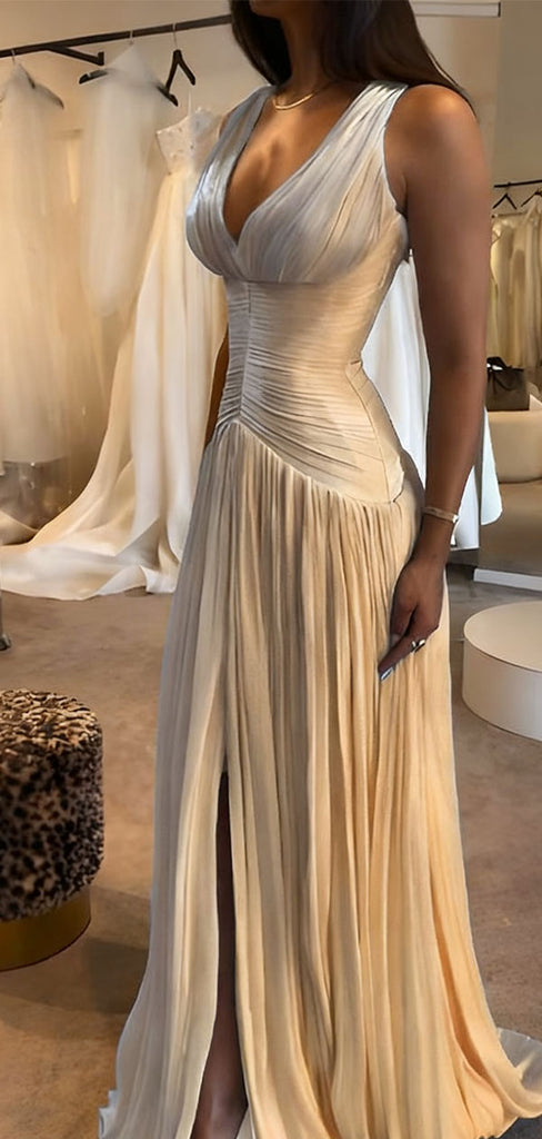 Elegant White V-Neck A-Line Long Prom Dress Ideas, Evening Party Dresses,WGP1744