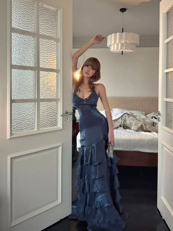 Elegant Navy Blue Spaghetti Strap Mermaid Long Prom Dress Ideas, Evening Party Dresses, WGP2008