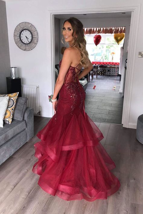 Popular Red Spaghetti Strap Mermaid Long Prom Dress Ideas, Evening Party Dresses,WGP1982